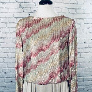 VTG 70s Malcolm Starr Pink Silver Stripe Party Sequin Top Maxi Skirt CLEARANCE